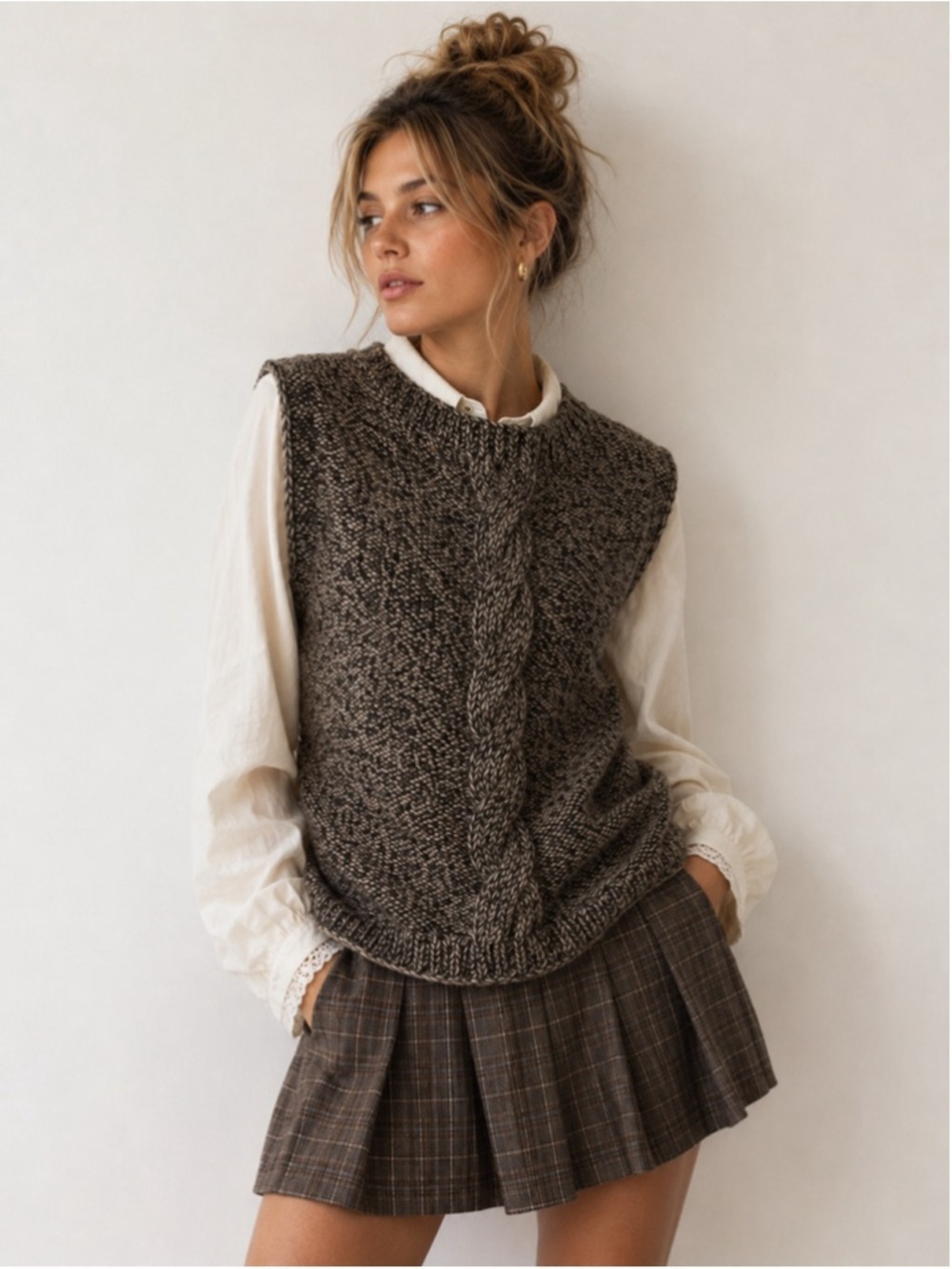 HANDMADE Wool Sweater Vest Cable Knit Stripe Black & Taupe Chunky Knit Pullover